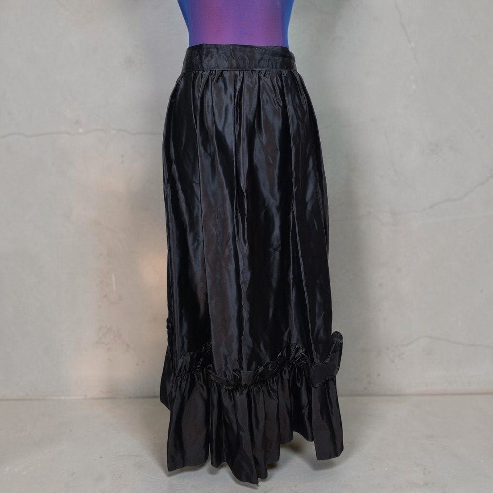 Vintage Black Satin Maxi Skirt Ruffle Hem High Waisted Formal Goth Evening